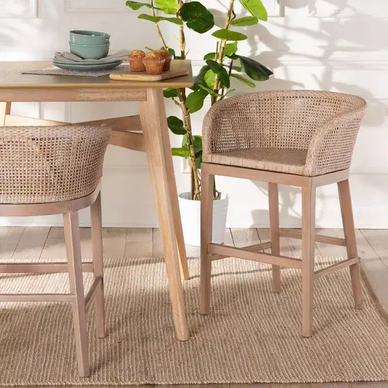 Papua Rattan and Mahogany Wood Counter Height Barstool Antique White Wash/Light Brown