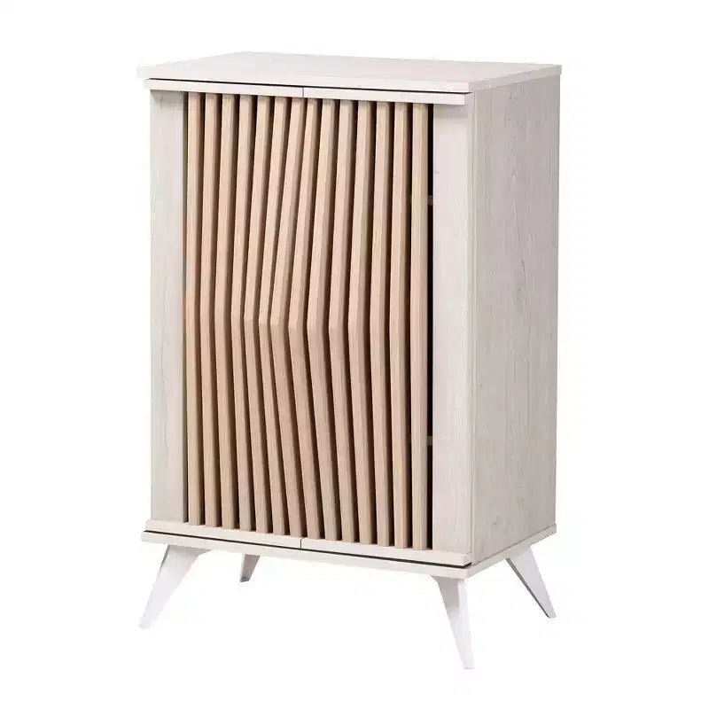 Simona Wood 2 Door Storage Cabinet: Mid-Century Design, 4 Shelves, Angled Legs