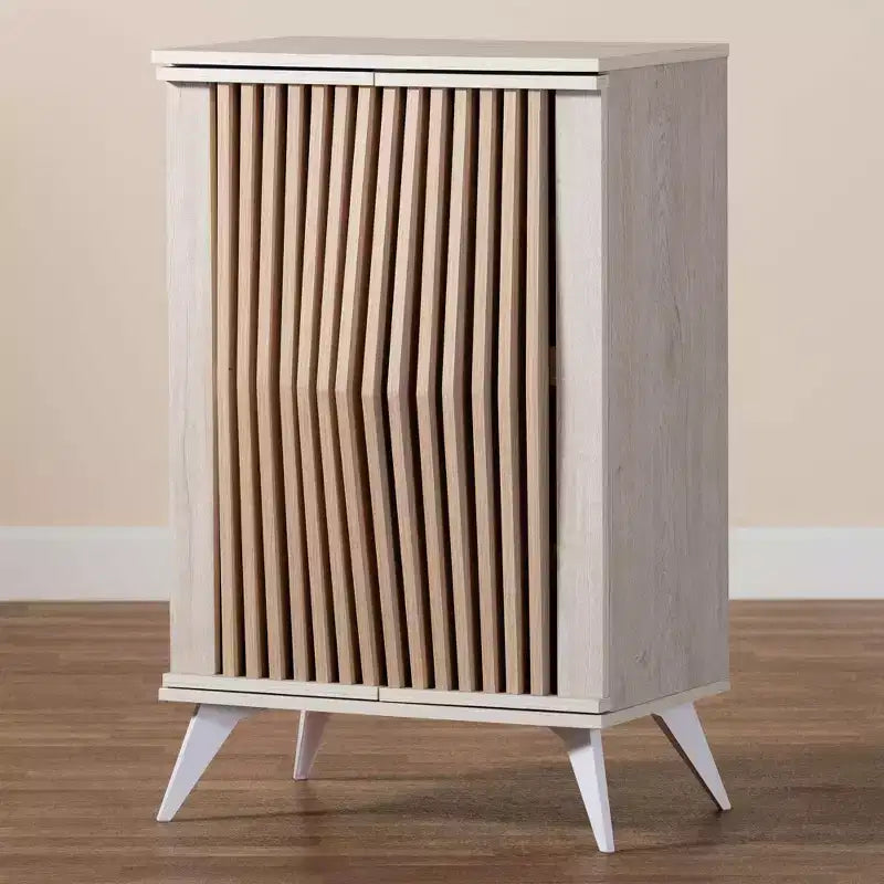 Simona Wood 2 Door Storage Cabinet: Mid-Century Design, 4 Shelves, Angled Legs