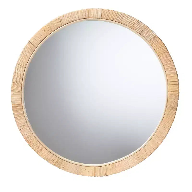 Modern Bohemian Natural Brown Mahogany Wood and Natural Rattan Round Mirror