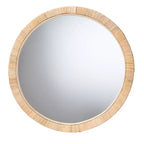 Modern Bohemian Natural Brown Mahogany Wood and Natural Rattan Round Mirror