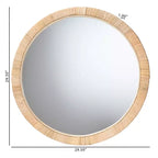 Modern Bohemian Natural Brown Mahogany Wood and Natural Rattan Round Mirror