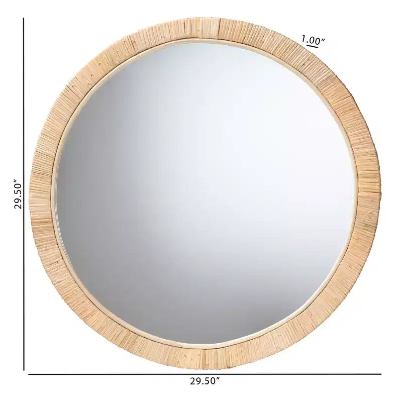 Modern Bohemian Natural Brown Mahogany Wood and Natural Rattan Round Mirror
