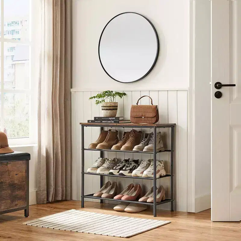 Shoe Rack, 4 Tier Shoe Storage Rack for 9-12 Pairs of Shoes, Shoe Organizer for Entryway, Rustic Brown and Black