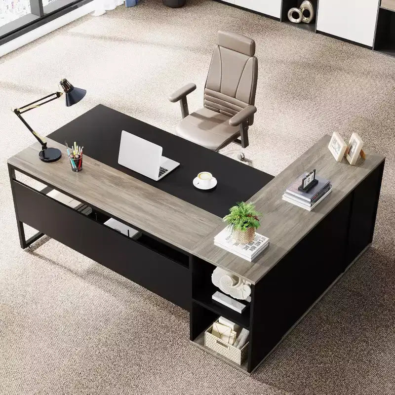 70.86-inch Executive Desk, L-Shaped Office Desk with Storage Cabinet, Business Furniture Desk Workstation for Home Office