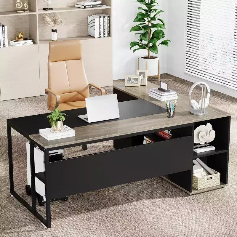 70.86-inch Executive Desk, L-Shaped Office Desk with Storage Cabinet, Business Furniture Desk Workstation for Home Office