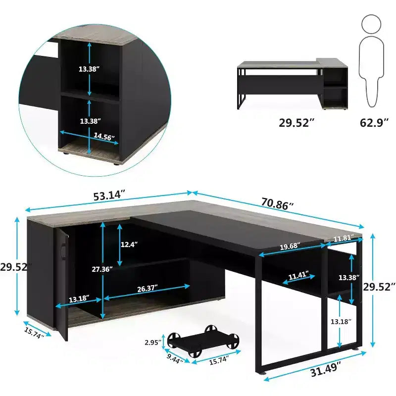 70.86-inch Executive Desk, L-Shaped Office Desk with Storage Cabinet, Business Furniture Desk Workstation for Home Office