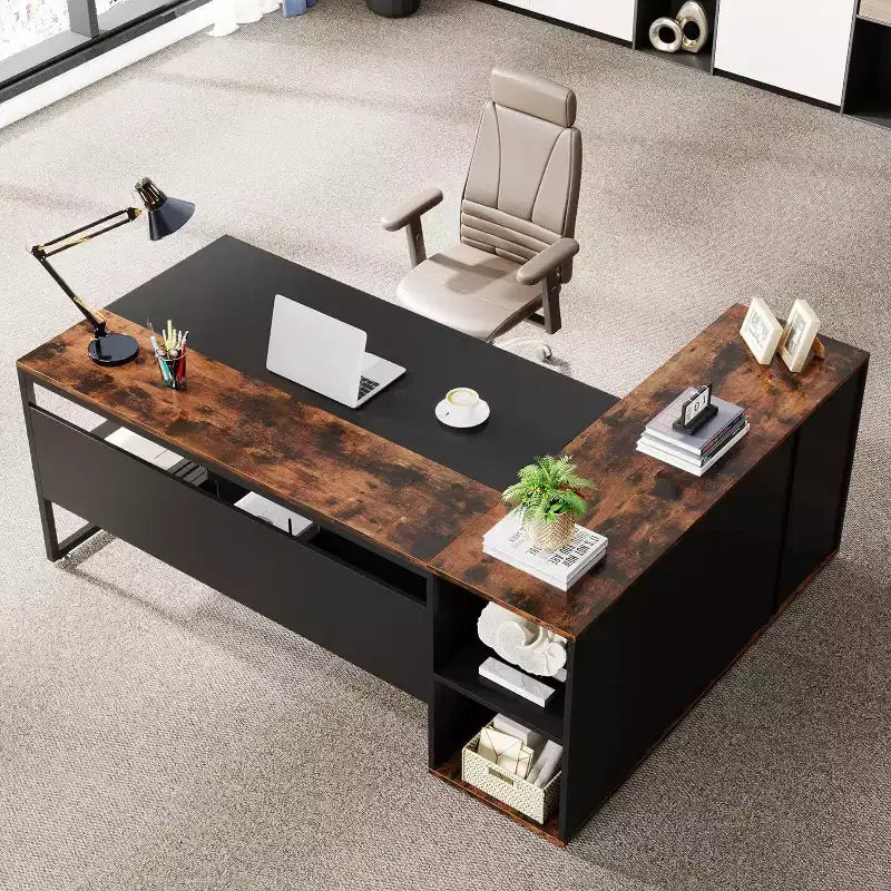 70.86-inch Executive Desk, L-Shaped Office Desk with Storage Cabinet, Business Furniture Desk Workstation for Home Office