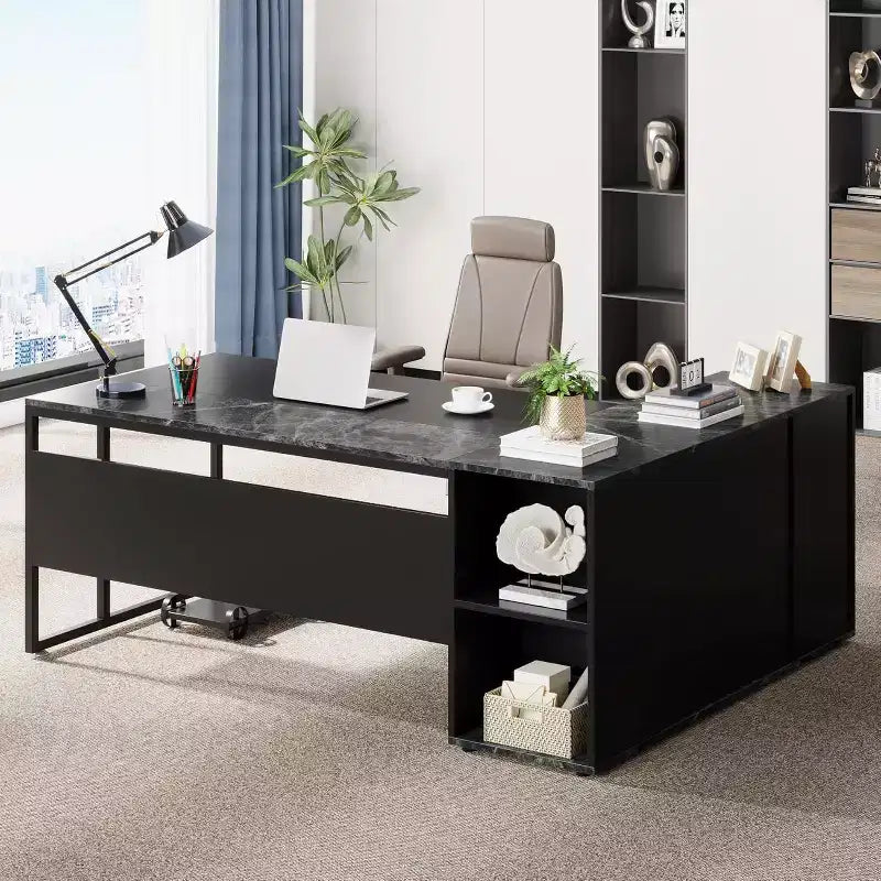 70.86-inch Executive Desk, L-Shaped Office Desk with Storage Cabinet, Business Furniture Desk Workstation for Home Office