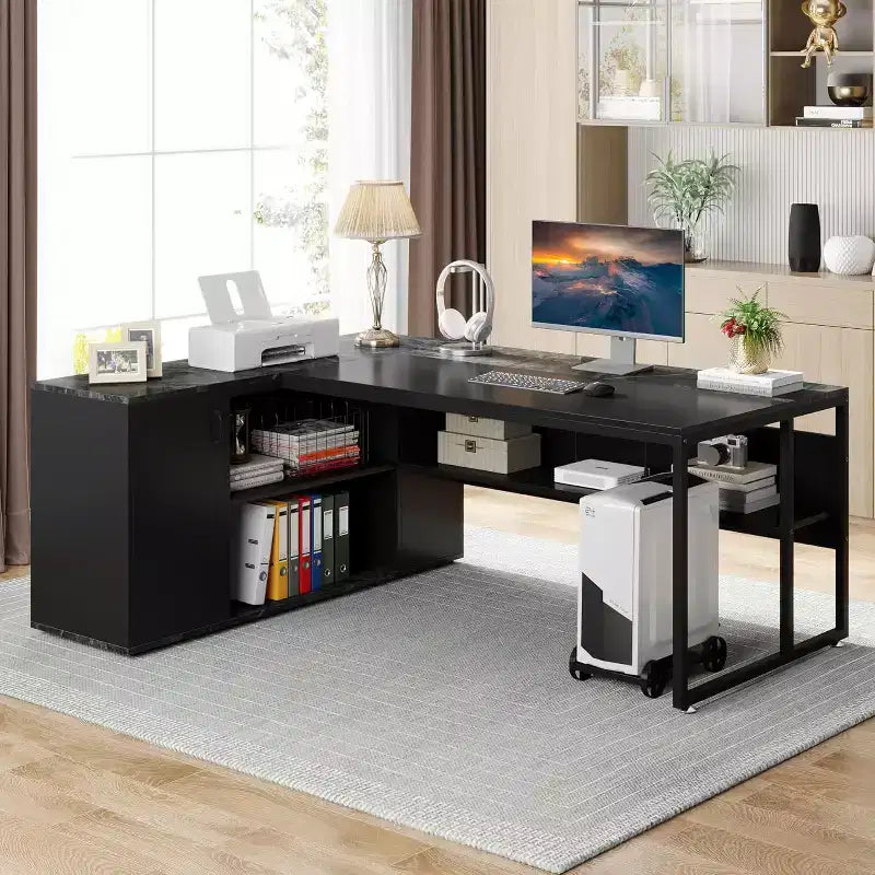 70.86-inch Executive Desk, L-Shaped Office Desk with Storage Cabinet, Business Furniture Desk Workstation for Home Office
