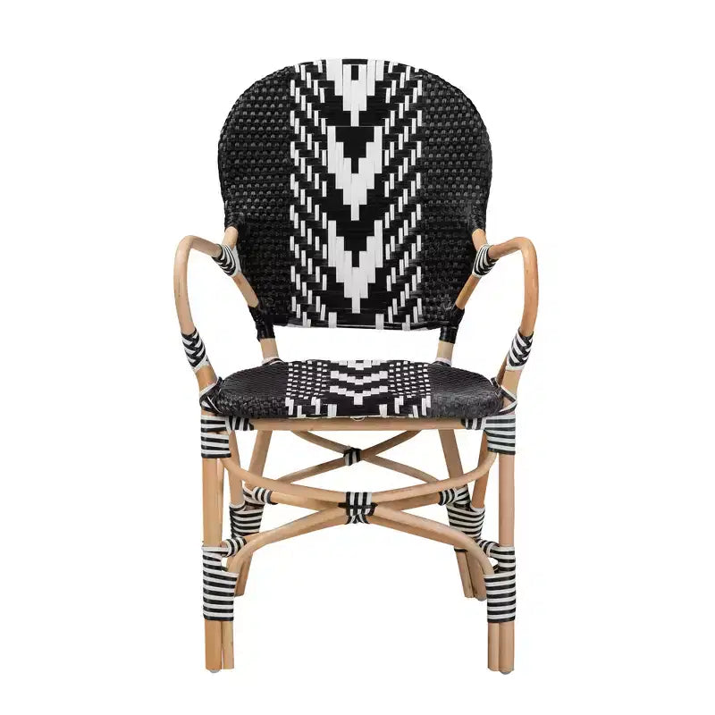 Wallis Modern French Two-Tone Black and White Weaving and Natural Rattan Indoor Dining Chair