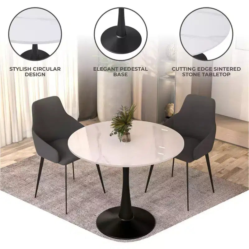 Bristol 31 Round Dining Table Sintered Stone Top, Black Steel Pedestal Base, Accent Café Table for Kitchen & Small Spaces
