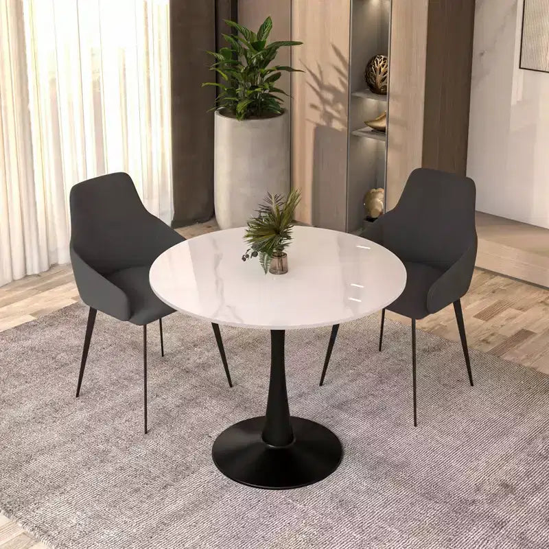 Bristol 31 Round Dining Table Sintered Stone Top, Black Steel Pedestal Base, Accent Café Table for Kitchen & Small Spaces